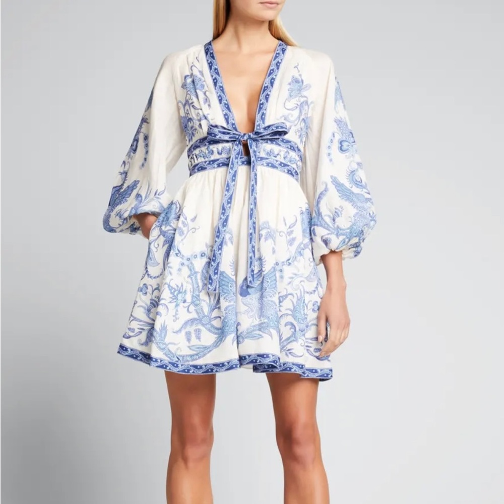 Zimmermann Aliane Plunge Bow Blue Bird Mini Dress in Size 1
